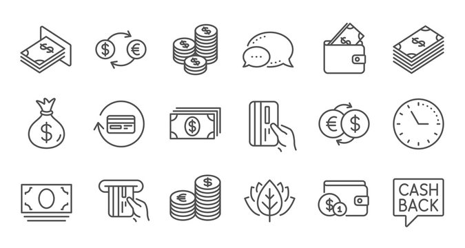 Money and payment line icons. Cash, Wallet and Coins. Account cashback linear icon set. Quality line set. Vector