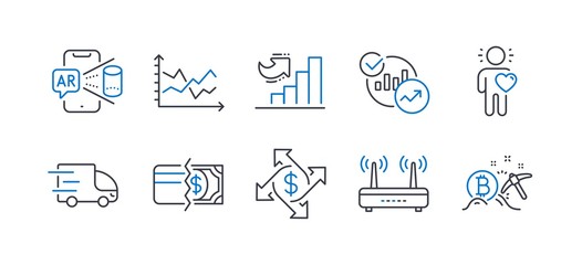 Set of Business icons, such as Statistics, Augmented reality, Payment methods, Truck delivery, Growth chart, Diagram chart, Friend, Payment exchange, Wifi, Bitcoin mining line icons. Vector