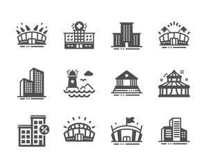 Set of Buildings icons, such as Skyscraper buildings, Lighthouse, Sports arena, Arena, Sports stadium, Hospital, Loan house, Circus, Court building, University campus icons. Vector
