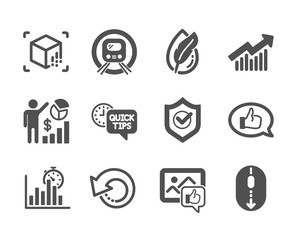 Set of Technology icons, such as Hypoallergenic tested, Like photo, Quick tips, Seo statistics, Recovery data, Scroll down, Feedback, Metro subway, Report timer, Approved shield. Vector