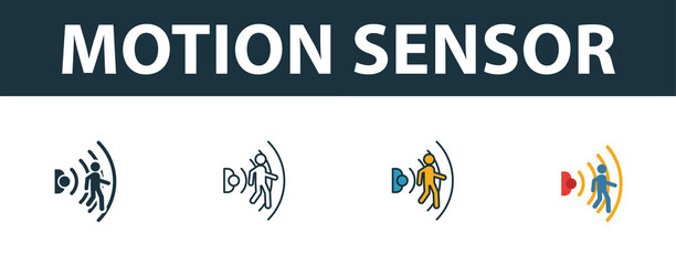 Motion Sensor icon set. Four simple symbols in diferent styles from smart home icons collection. Creative motion sensor icons filled, outline, colored and flat symbols - obrazy, fototapety, plakaty