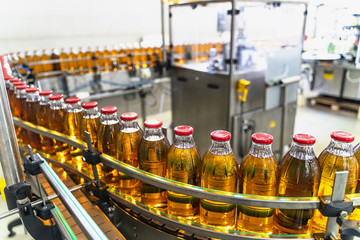 Conveyor belt or line in beverage factory or plant interior inside with modern industrial machine equipment. Bottles with fresh organic juice