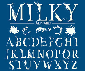 Milk, yogurt or cream alphabet set. Latin alphabet made of milk. Vector