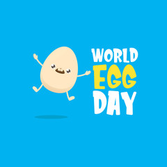 World egg day greeting card with vector funny cartoon cute smiling tiny egg character isolated on blue background. Egg day poster or banner