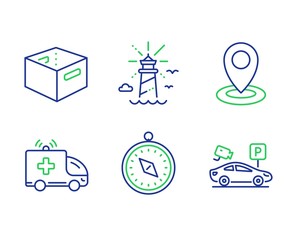 Office box, Lighthouse and Travel compass line icons set. Location, Ambulance car and Parking security signs. Delivery box, Navigation beacon, Trip destination. Map pointer. Vector