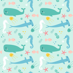 Seamless pattern with sea animal - fish; shark; whale; starfish; jellyfish; sea horse. Cute cartoon character.
