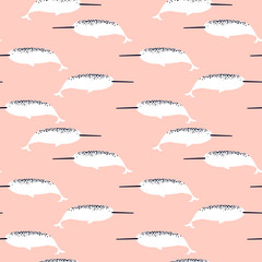 Seamless pattern with narwal - whale. Cute cartoon character. © Anastasiia Komarova