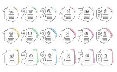 Fototapeta premium Lighthouse, Packing boxes and Present delivery line icons set. Infographic timeline. Bumper cars, Open box and Exit signs. Searchlight tower, Delivery box, Shopping service. Carousels. Vector