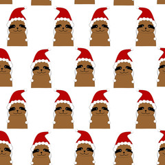 Seamless pattern with sloth in Santa's hat. Art for children illustration, holiday packing.