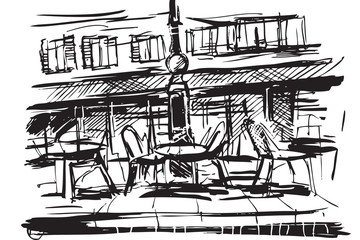Rysynek ręcznie rysowany. Kawiarnia w centrum Paryża we Francji