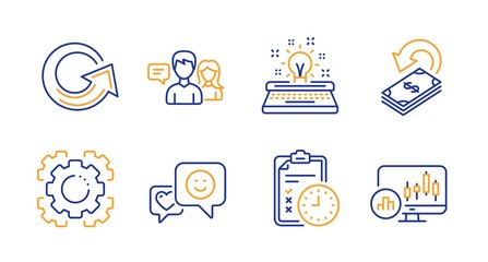 Smile, Seo gear and Exam time line icons set. People talking, Typewriter and Cashback signs. Reload, Candlestick chart symbols. Socila media, Cogwheel. Technology set. Line smile icon. Vector