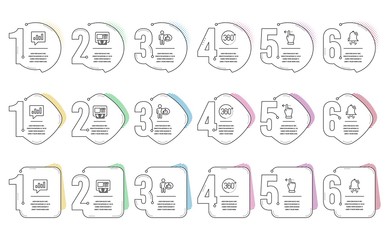 Fototapeta premium Like, Clock bell and Touchscreen gesture line icons set. Infographic timeline. Analytical chat, Atm and 360 degrees signs. Thumbs up, Alarm, Slide left. Communication speech bubble. Vector