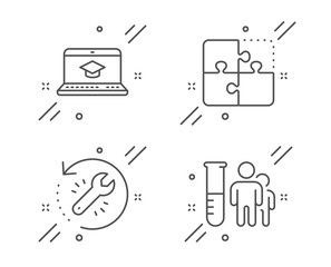 Fototapeta na wymiar Puzzle, Website education and Recovery tool line icons set. Medical analyzes sign. Engineering strategy, Video learning, Backup info. Medicine results. Science set. Line puzzle outline icon. Vector