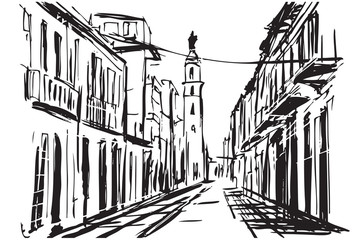 Fototapeta Rysynek ręcznie rysowany. Widok starej uliczki w Hawanie na Kubie obraz