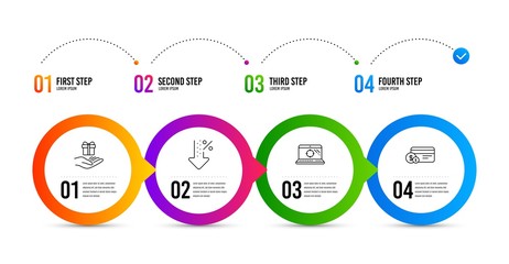 Fototapeta premium Low percent, Loyalty program and Seo laptop line icons set. Timeline infographic. Payment method sign. Discount, Gift, Search engine. Cash or non-cash payment. Business set. Low percent icon. Vector