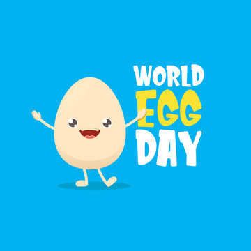 World egg day greeting card with vector funny cartoon cute smiling tiny egg character isolated on blue background. Egg day poster or banner