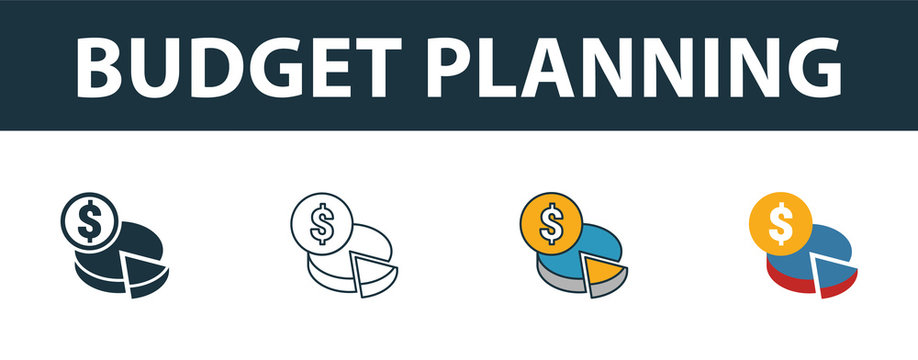 Budget Planning Icon Set. Four Simple Symbols In Diferent Styles From Smm Icons Collection. Creative Budget Planning Icons Filled, Outline, Colored And Flat Symbols