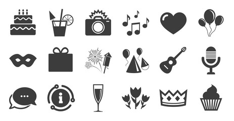 Set of Celebration, Birthday and Party icons. Information, chat bubble icon. Fireworks, Air balloon and Champagne glass signs. Gift box, Cake and Photo camera symbols. Music and cocktails. Vector