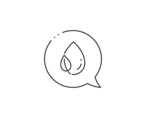 Mint leaf with water drop line icon. Chat bubble design. Nature plant dew sign. Environmental care symbol. Outline concept. Thin line leaf dew icon. Vector