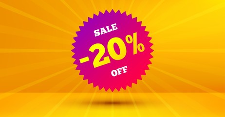 Discount banner shape. Sale 20 percent off badge. Coupon star icon. Abstract yellow background. Modern concept design. Banner with offer badge. Vector