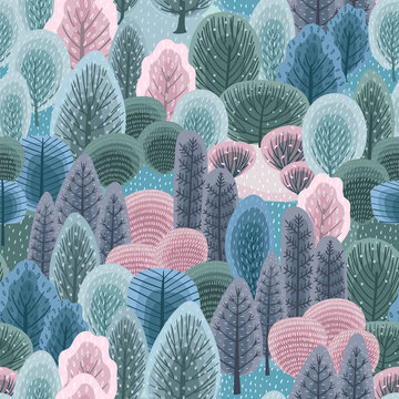 Abstract Seamless Pattern With Winter Forest. Vector Background