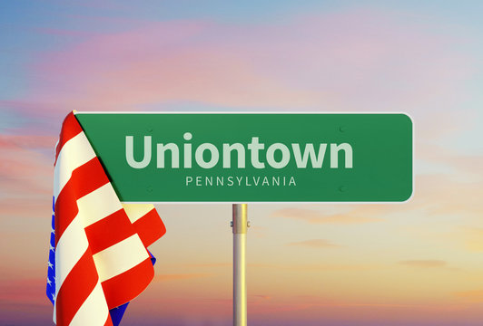 Uniontown &ndash; Pennsylvania. Road or Town Sign. Flag of the united states. Sunset oder Sunrise Sky. 3d rendering