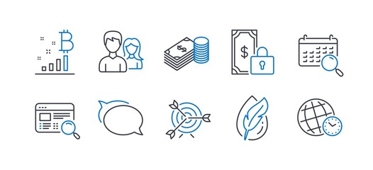 Set of Business icons, such as Target, Hypoallergenic tested, Private payment, Teamwork, Website search, Talk bubble, Savings, Bitcoin graph, Search calendar, Time zone line icons. Vector