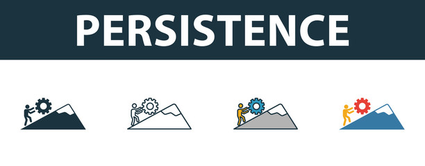 Persistence icon set. Four simple symbols in diferent styles from soft skills icons collection. Creative persistence icons filled, outline, colored and flat symbols