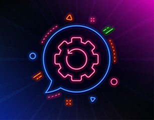 Recovery gear line icon. Neon laser lights. Backup data sign. Restore information symbol. Glow laser speech bubble. Neon lights chat bubble. Banner badge with recovery gear icon. Vector