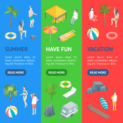 Beach Rest Concept Banner Vecrtical Set 3d Isometric View. Vector