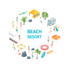 Beach Rest Concept Banner Card Circle 3d Isometric View. Vector