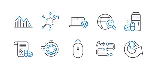 Set of Science icons, such as Investment graph, International Ð¡opyright, Chemical formula, Seo timer, Journey path, Medical prescription, Swipe up, Medical drugs, Notebook service. Vector