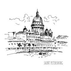 St. Isaac's Cathedral across Moyka river, Saint-petersburg, Russia. Vector illustration. Sketch.