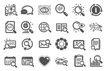 Search icons. Photo indexation, Artificial intelligence, Car rental icons. Airplane flights, Web search engine, Analytics. Find photo, checklist document, artificial intelligence eye. Vector