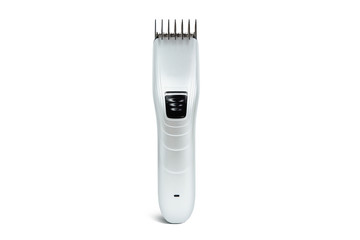 Hair clipper isolated on a white background. The concept of cutting, improving the appearance. Going to the hairdresser, cutting hair at home. Taking care of appearance.