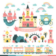 Princesses Fairytale Kingdom Set. Castles, ford, tower, train, carriage, ship, bridge, etc. Vector illustration in simple scandinavian style © Svitlana Kharchuk