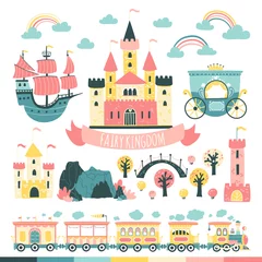 Fotobehang Princesses Fairytale Kingdom Set. Castles, ford, tower, train, carriage, ship, bridge, etc. Vector illustration in simple scandinavian style © Світлана Харчук
