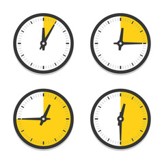 Clock icon with parts of hour vector icon set. Yellow sections on clock faces without numerals.