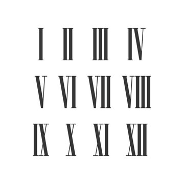 Twelve narrow roman numeral vector set for roman clock. Isolated illustration on white background