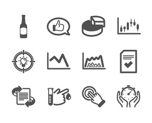 Set of Business icons, such as Blood donation, Feedback, Beer, Checked file, Marketing, Line chart, Idea, Touchscreen gesture, Timer, Pie chart, Candlestick graph classic icons. Vector