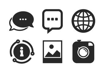 Chat speech bubble and world globe symbols. Chat, info sign. Social media icons. Hipster photo camera sign. Landscape photo frame. Classic style speech bubble icon. Vector