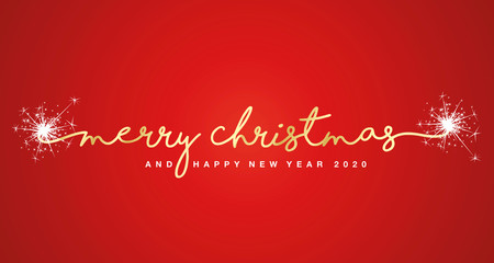 Naklejka na ściany i meble Merry Christmas and Happy New Year 2020 handwritten lettering tipography sparkle firework white red background