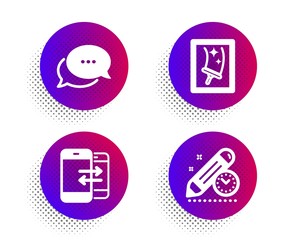 Phone communication, Dots message and Window cleaning icons simple set. Halftone dots button. Project deadline sign. Incoming and outgoing calls, Chat bubble, Housekeeping service. Vector