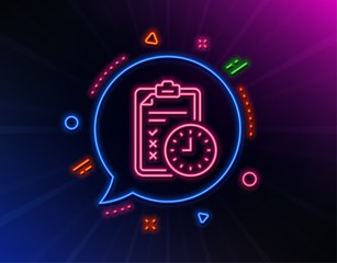 Exam time line icon. Neon laser lights. Checklist sign. Glow laser speech bubble. Neon lights chat bubble. Banner badge with exam time icon. Vector