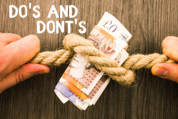 Writing note showing Do S And Dont S. Business concept for Rules or customs concerning some...