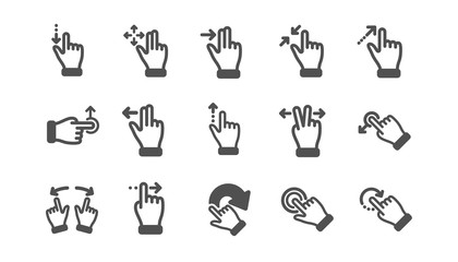 Touchscreen gesture icons. Hand swipe, Slide gesture, Multitasking icons. Touchscreen technology, tap on screen, drag and drop. Classic set. Quality set. Vector