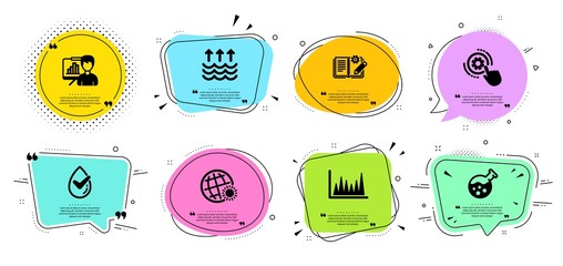 Presentation board, World weather and Chemistry lab line icons set. Chat bubbles with quotes. Cogwheel settings, Engineering documentation and Evaporation signs. Vector