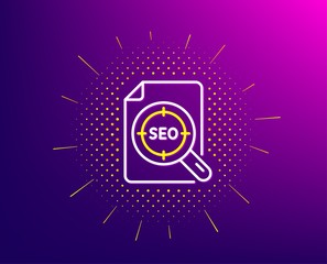 Seo target line icon. Halftone pattern. Search engine optimization sign. File document symbol. Gradient background. Seo file line icon. Yellow halftone pattern. Vector
