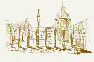 Fototapety  Rysynek ręcznie rysowany. Widok na starożytne ruiny w Rzymie