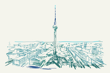 Rysynek ręcznie rysowany. Widok na wieże w Berlinie w Niemczech - obrazy, fototapety, plakaty
